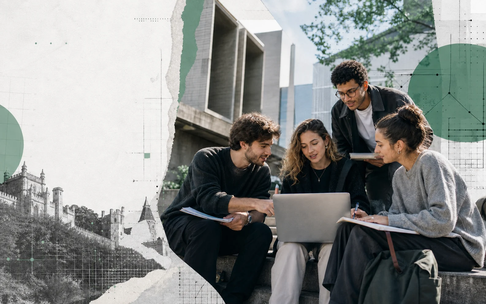 Colagem editorial sobre estudantes, tecnologia e ciências sociais em Sintra